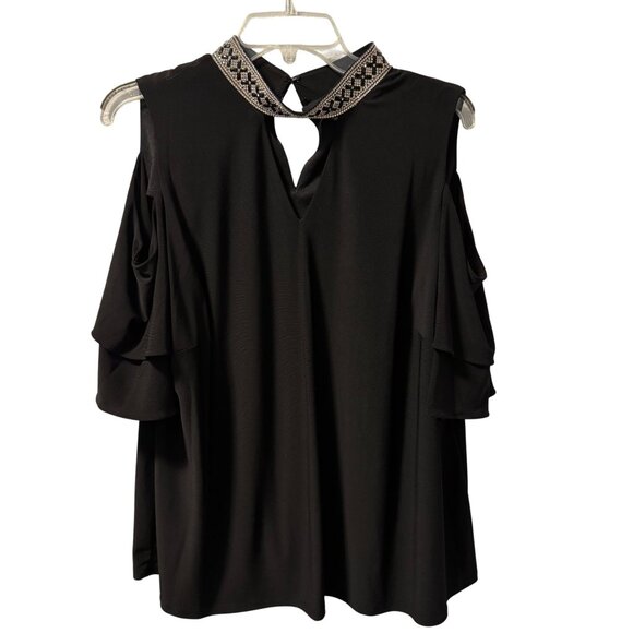 Roz & Ali Womens Cold Shoulder Top Sz 2X With Embellished Neckline black top - Picture 2 of 12